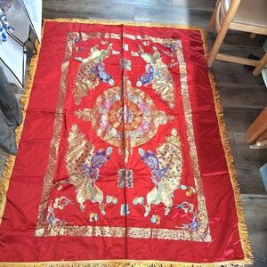 Red Satin Decorative Tapestry with Gold Fringe, 76 x 56